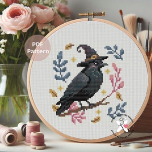Crow Cross Stitch Pattern: Halloween Embroidery Design (PDF Pattern)