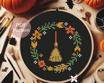 Broom Cross Stitch Pattern: Small Cozy Halloween Design (PDF Pattern)