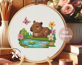 Capybara Cross Stitch Pattern, Cute Animal Embroidery (PDF Pattern)
