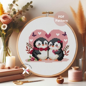 Penguin Couple Cross Stitch Pattern: Valentine&#39;s Day DIY (PDF Pattern)
