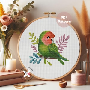 Rosy-Faced Lovebird Cross Stitch Pattern: Bird Embroidery (PDF Pattern)