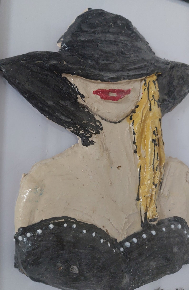 Bild Kunstbild Keramik mit Rahmen Frau mit schwarzem Hut UNIKAT Bild 7