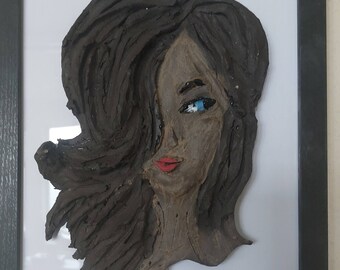 Bild Kunstbild Keramik mit Rahmen  Frau mit langem Haar  UNIKAT