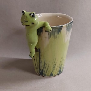 Mug with frog unique piece ceramic