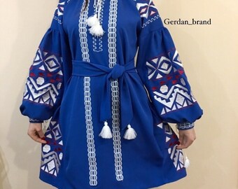 Beautiful blue embroidered dress. Handmade dress. Ethno Folk dress For Woman. Gift for her, woman, lady. Vyshyvanka. Ukrainian dress.