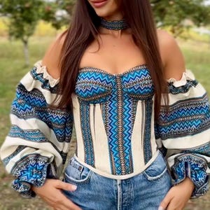 Embroidered corset. Ethnic folk blouse, Hutsul corset. Handmade. Gift for her, a woman. Ukrainian corset with boho sleeves. Vyshyvanka.