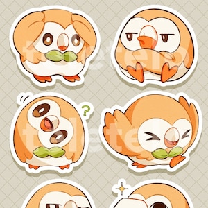 May include: Set of six cartoon owl stickers in various poses. The owls are primarily orange and white with green leaf accents. Each sticker features a different expression, including curious, winking, and smug.
