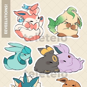 Eeveelutions Waterproof Sticker Sheet (4.25 x 5.5 inch glossy vinyl)