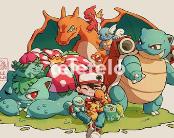Pokemon Trainer Red with Kanto Starters Print