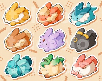 Squishy Buns Eeveelutions Waterproof Sticker Sheet (4.25 x 5.5 inch glossy vinyl)