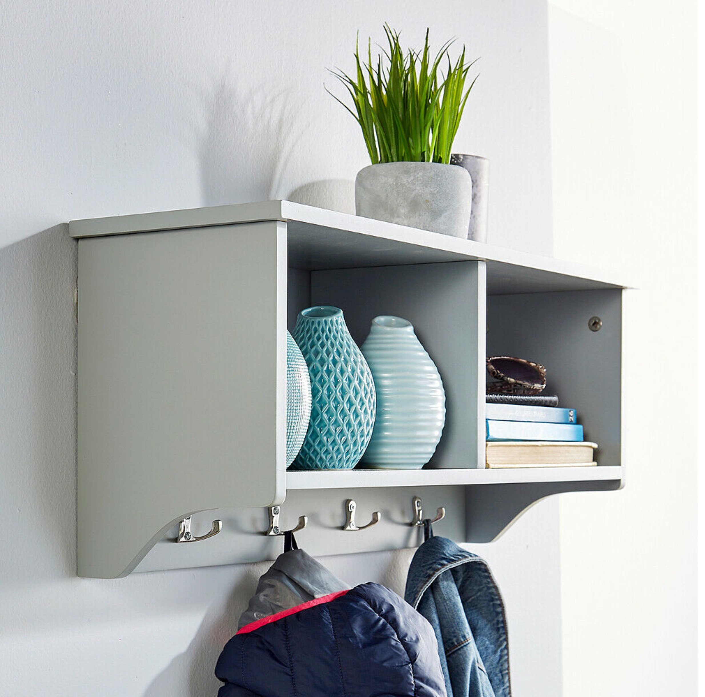 Coat Hook Wall Mounted Unit Grey 2 Open Shelves 4 Robe Hooks Etsy