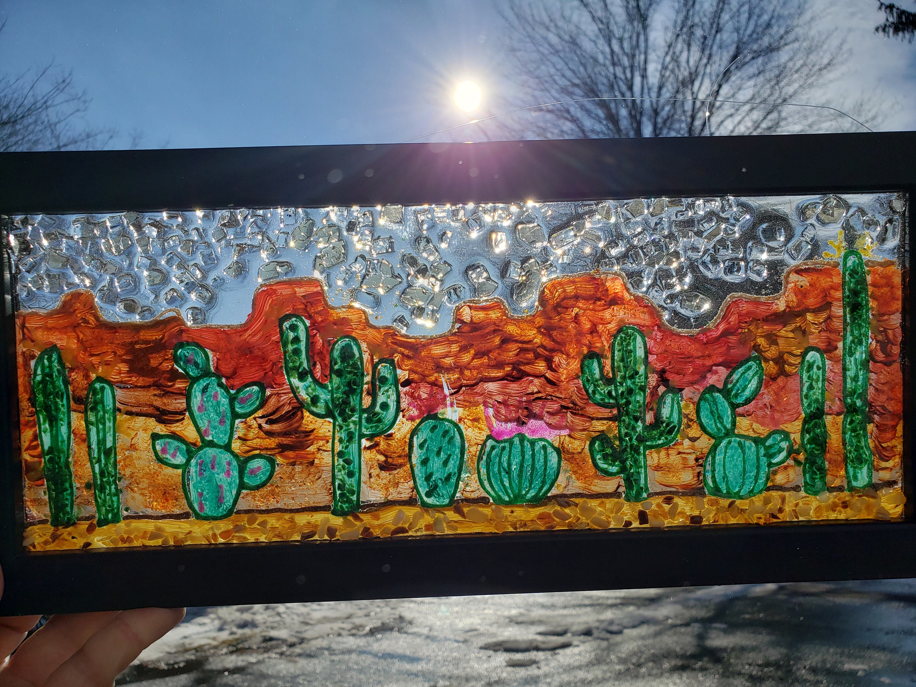Cactus Western Scene Crushed Glass Window / Wall Art Made Etsy