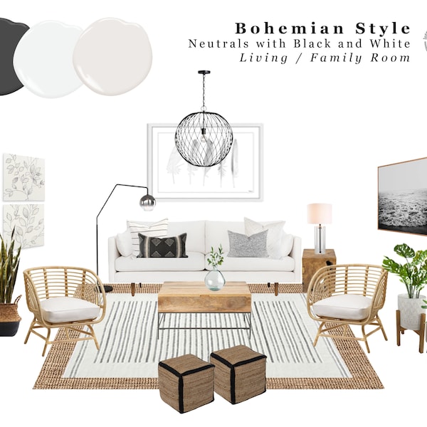 Boho Room Design Package, Interior Design Service, Bohemian Living Room Design Package, Online Interior Design Service, Living Room Design