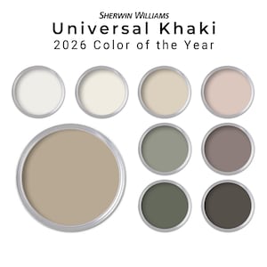 May include: A collection of paint samples in various shades of beige, green, and brown. The image includes open paint cans and smaller sample lids, showcasing the "Universal Khaki" color palette from Sherwin Williams, the 2026 Color of the Year.