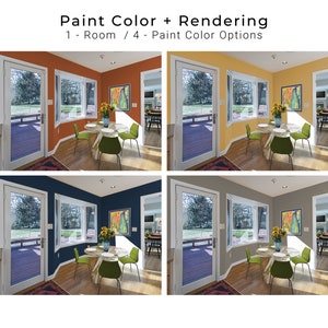 Può includere: Quattro diverse opzioni di colore per la vernice per una sala da pranzo. La stanza presenta una finestra a bovindo, una porta e un tavolo con sedie. I colori della vernice sono arancione, giallo, blu e grigio.