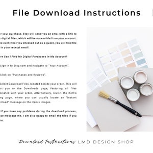 May include: File download instructions for digital purchases on Etsy.com. The instructions explain how to find your digital purchases in your account, how to download files, and what to do if you have problems downloading files. The image also includes a paint color chart and paint jars.