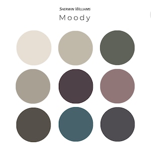 Peut inclure: Une palette de couleurs avec neuf nuances diff&eacute;rentes de gris, vert, marron et bleu. La palette est intitul&eacute;e "Moody" et "Sherwin Williams".