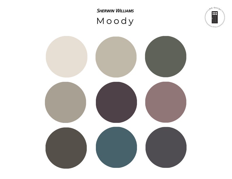 Peut inclure: Une palette de couleurs avec neuf nuances diff&eacute;rentes de gris, vert, marron et bleu. La palette est intitul&eacute;e "Moody" et "Sherwin Williams".