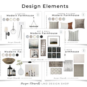 May include: A collection of design elements for a modern farmhouse style, including lighting, throw pillows, art, accessories, and rugs. The image features mood boards with color palettes and product examples, such as a chandelier, pillows, artwork, and decorative bowls. The text "Design Elements" and "LMD DESIGN SHOP" are visible.