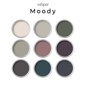 Puede incluir: Nueve muestras de pintura en contenedores redondos, etiquetados con "Moody" y el nombre de la marca "valspar" arriba. Los colores son un beige claro, un gris claro, un verde oscuro, un gris medio, un rosa claro, un morado oscuro, un gris oscuro, un azul verdoso oscuro y un azul oscuro.