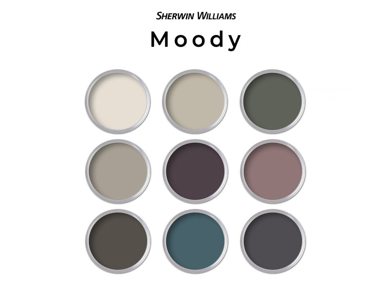 Peut inclure: Neuf &eacute;chantillons de peinture dispos&eacute;s en grille. Les couleurs sont : blanc, beige, vert, gris, violet, rose, marron, bleu et noir. Le texte "SHERWIN WILLIAMS" et "Moody" figure en haut de l'image.