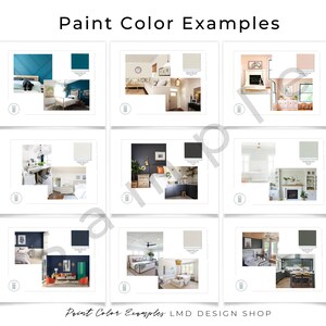 May include: Nine interior design mood boards showcasing different paint color combinations. Each board features a photo of a room with a corresponding paint color swatch.