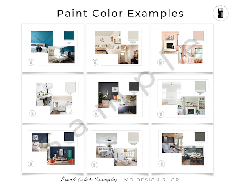 May include: Nine interior design mood boards showcasing different paint color combinations. Each board features a photo of a room with a corresponding paint color swatch.