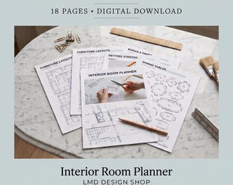 May include: An 18-page digital download Interior Room Planner featuring DIY furniture layouts. The printed pages show floor plans, dining table arrangements, and a getting started guide with a pencil and scissors visible on the paper.