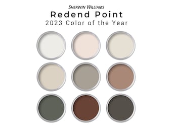 May include: Nine paint cans with various neutral colors, including white, beige, and brown, are arranged in a grid. The text "Sherwin Williams Redend Point 2023 Color of the Year" is displayed at the top.