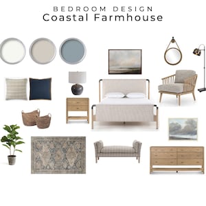 Diseño de dormitorio de granja costera / Mood Board Diseño de interiores de dormitorio de granja costera