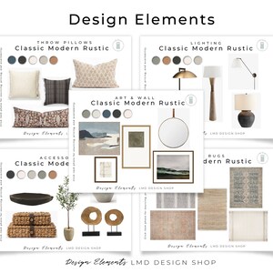 May include: A collage of design elements for a classic modern rustic interior design style. The collage includes throw pillows, lighting, art, wall decor, accessories, and rugs. The color palette is neutral with pops of blue and green.