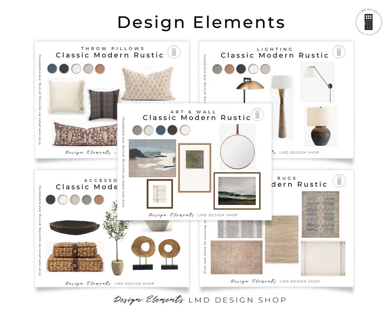 May include: A collage of design elements for a classic modern rustic interior design style. The collage includes throw pillows, lighting, art, wall decor, accessories, and rugs. The color palette is neutral with pops of blue and green.