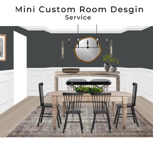 May include: A dining room with a wooden table and chairs, a round wooden mirror with a black metal frame, and a tray on a wooden console table. The walls are painted a dark grey colour and the floor is a light wood.