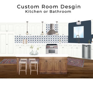 May include: A kitchen design with white cabinets, a blue backsplash, and a wood island with three bar stools. The kitchen features a stainless steel range, oven, and dishwasher. The floor is a dark wood.