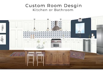 May include: A kitchen design with white cabinets, a blue backsplash, and a wood island with three bar stools. The kitchen features a stainless steel range, oven, and dishwasher. The floor is a dark wood.