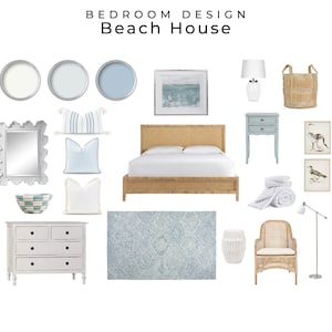 Diseño de dormitorio Casa de playa Mood Board costero / Diseño de interiores de dormitorio de playa costera