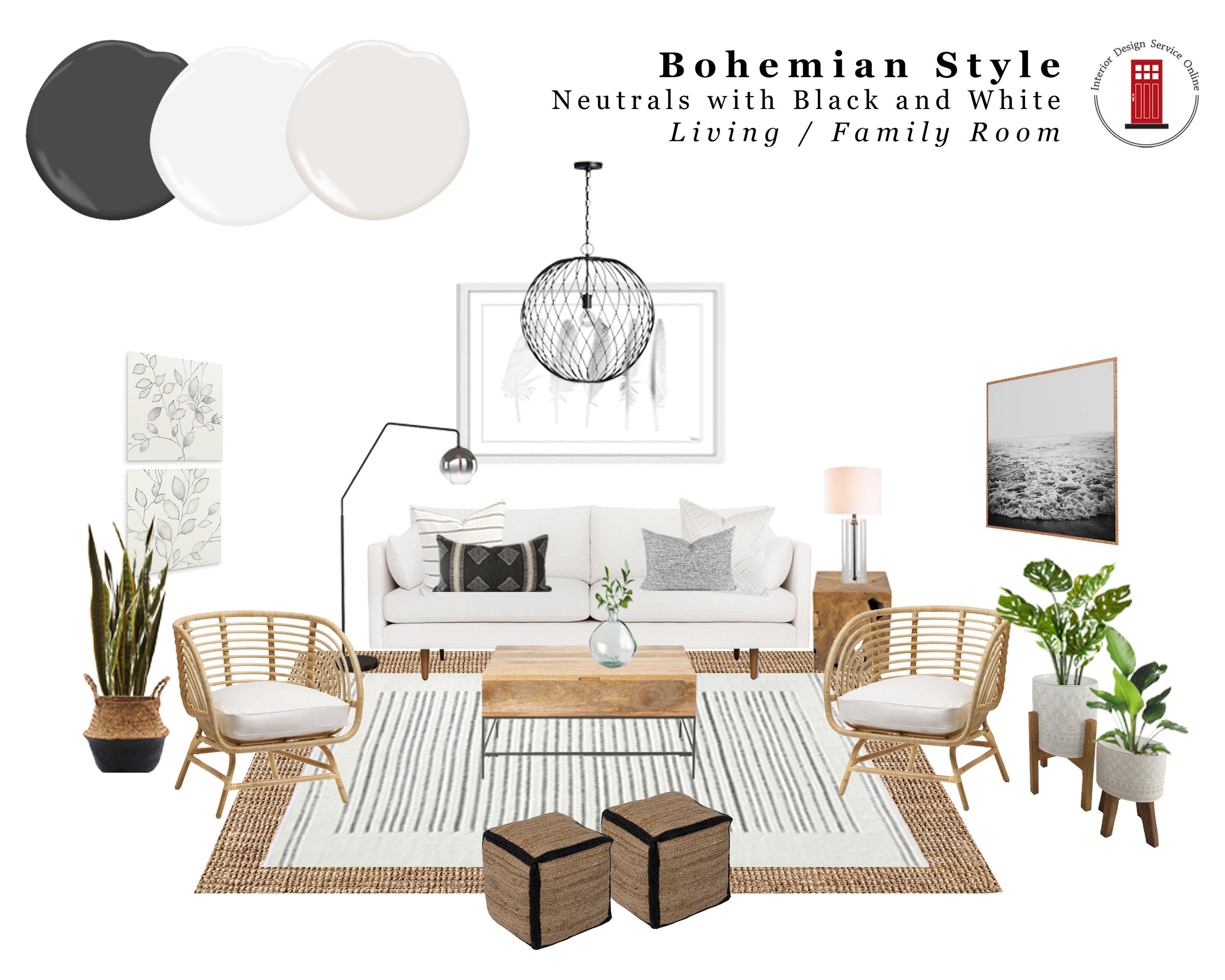 boho room design package, interior design service, bohemian living room  design package, online interior design service, living room design