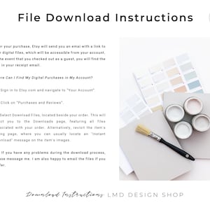 Op de afbeelding: Bestandsdownloadinstructies voor digitale aankopen op Etsy.com. De instructies leggen uit hoe je je digitale aankopen in je account kunt vinden, hoe je bestanden kunt downloaden en wat je moet doen als je problemen ondervindt met het downloaden van bestanden. De afbeelding bevat ook een kleurenkaart en verfpotten.