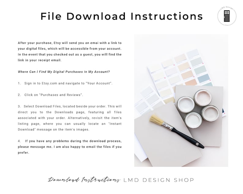 Op de afbeelding: Bestandsdownloadinstructies voor digitale aankopen op Etsy.com. De instructies leggen uit hoe je je digitale aankopen in je account kunt vinden, hoe je bestanden kunt downloaden en wat je moet doen als je problemen ondervindt met het downloaden van bestanden. De afbeelding bevat ook een kleurenkaart en verfpotten.