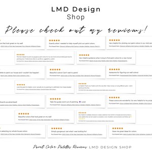 May include: A collage of customer reviews for a paint color palette shop. The reviews are positive and highlight the helpfulness of the palettes in selecting paint colors for homes. The shop name is LMD Design Shop.