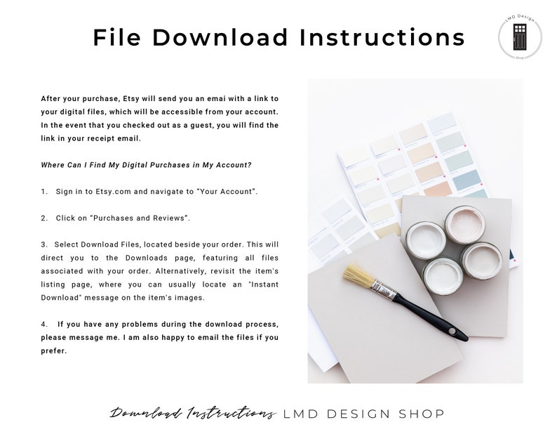 May include: Image with text: "File Download Instructions." Includes instructions for digital purchases on Etsy. Features paint samples, paint cans, and a paintbrush. The image is a promotional graphic for a design shop.