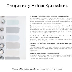 May include: Frequently Asked Questions about paint color palettes and consultations.  The image shows a row of paint color samples in various shades of gray and blue.  The text explains how to choose paint colors that complement each other and how to find the best paint palette for a specific color.