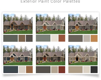 May include: Six different exterior paint color palettes for a rustic house. Each palette features three colors, including a dark green, a light brown, and a reddish brown.