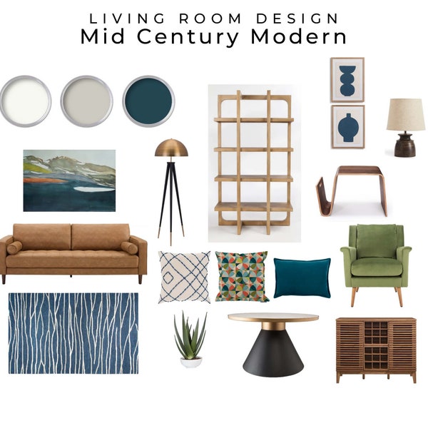 Mid Century Modern Living Room Design | Shoppable Mood Board Mid Century Living Room