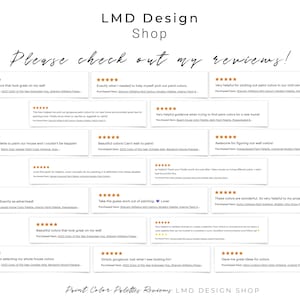 Peut inclure: Un collage d'avis clients pour une boutique de palettes de couleurs de peinture. Les avis sont positifs et mettent en avant l'utilit&eacute; des palettes pour choisir les couleurs de peinture pour les maisons. Le nom de la boutique est LMD Design Shop.