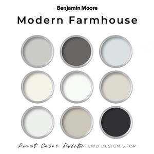 May include: A paint color palette labeled "Modern Farmhouse" by Benjamin Moore. Nine open paint cans with various neutral colors, including gray, white, and black, are arranged in a grid. The text "Paint Color Palette" and "LMD DESIGN SHOP" are also present.