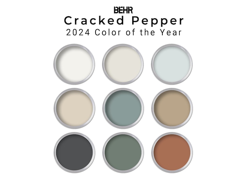 Op de afbeelding: Negen deksels van verfpotten in verschillende kleuren, waaronder wit, beige, lichtblauw, groen, bruin, grijs en oranje. De tekst "BEHR Cracked Pepper 2024 Color of the Year" staat bovenaan de afbeelding.