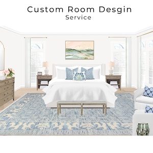 May include: A bedroom interior design with a white bed, white nightstands, and a blue and white patterned rug. The room has large windows with white blinds and a painting above the bed.