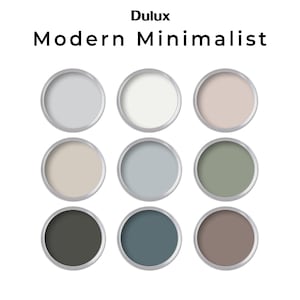 May include: Nine paint can lids in various shades of grey, white, beige, green, blue, and brown. The lids are arranged in three rows of three. The text "Dulux Modern Minimalist" is at the top of the image.