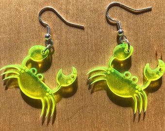 Crab Earrings | Fluorescent Colored Acrylic | UV Reactive | Neon Pink, Neon Orange, Neon Yellow, Neon Green | Lasercut Jewelry | Blacklight